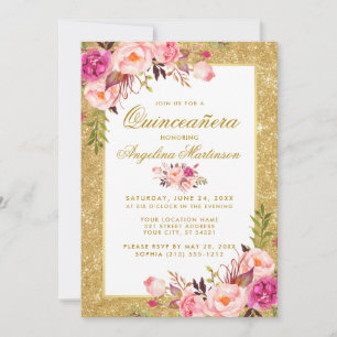 Convites Quinceanera Floral Rosa Dourada Glitter