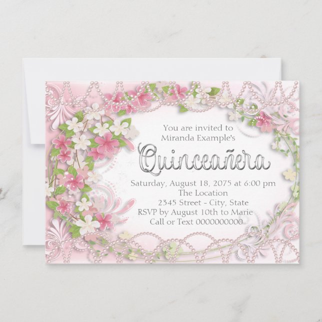 Convites Quinceañera Floral Rosa e Cinza (Frente)