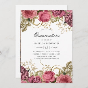 Convites Quinceañera Floral, rosa e Dourada,