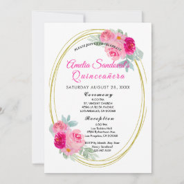 Convites Quinceanera Floral, rosa e Dourada