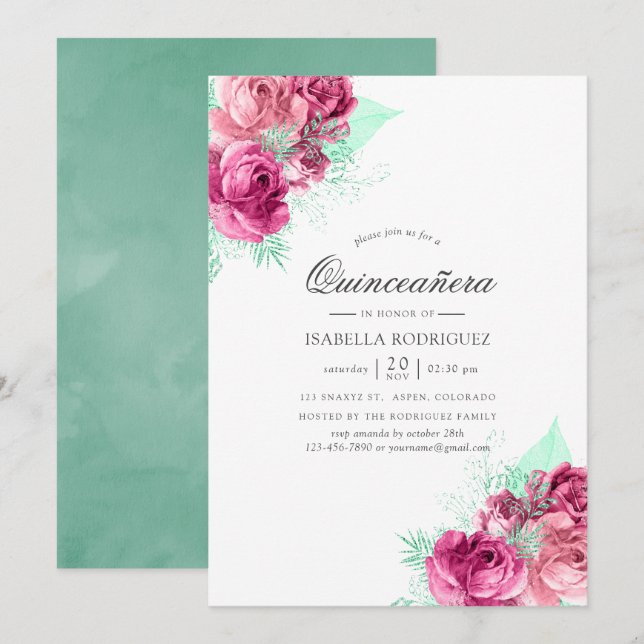 Convites Quinceañera Floral Rosa e Hortelã (Frente/Verso)