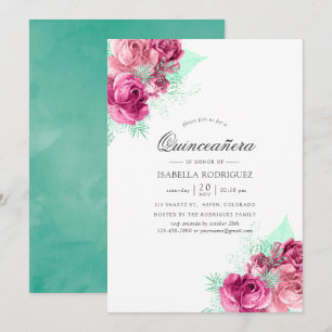 Convites Quinceañera Floral Rosa e Hortelã
