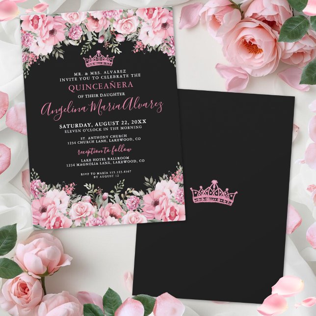 Convites Quinceanera Floral Rosa e Preto (Elegant Floral Pink Quinceanera Invitation )