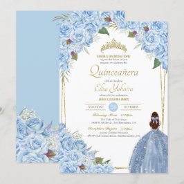 Convites Quinceanera Floral Rosa Elegante Azul Claro