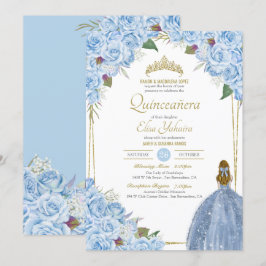 Convites Quinceanera Floral Rosa Elegante Azul Claro