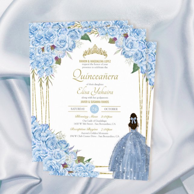 Convites Quinceanera Floral Rosa Elegante Azul Claro (Criador carregado)