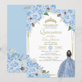 Convites Quinceanera Floral Rosa Elegante Azul Claro