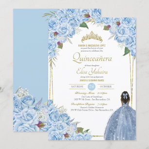 Convites Quinceanera Floral Rosa Elegante Azul Claro