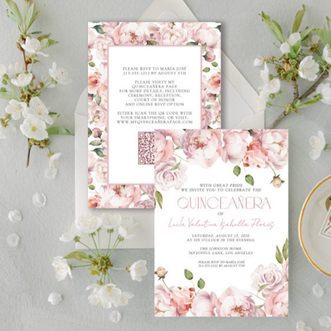 Convites Quinceanera Floral Rosa Elegante QR (Criador carregado)