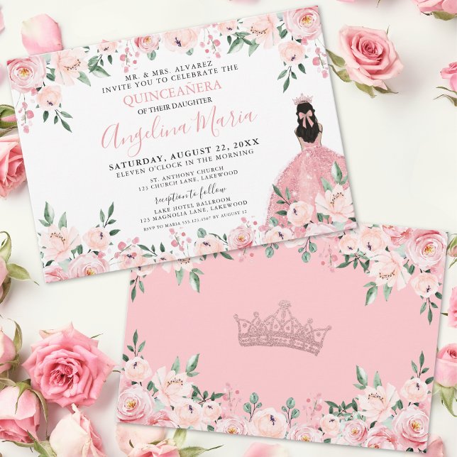 Convites Quinceanera Floral Rosa Esmagada (Blush Pink Floral Quinceanera Invitation)