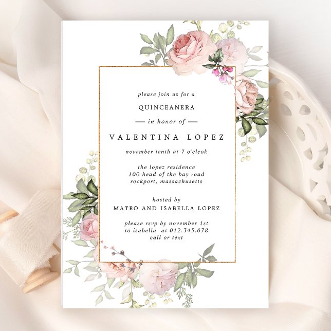 Convites Quinceanera Floral Rosa Esmagadora (Criador carregado)