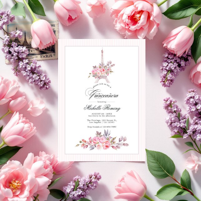 Convites Quinceañera Floral Rosa Parisiense (Parisian Pink Floral Quinceañera Photo Invitation)