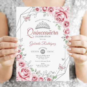 Convites Quinceanera Floral Rosa Prata