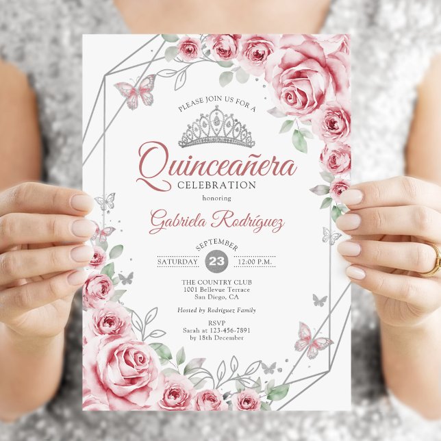 Convites Quinceanera Floral Rosa Prata (Criador carregado)