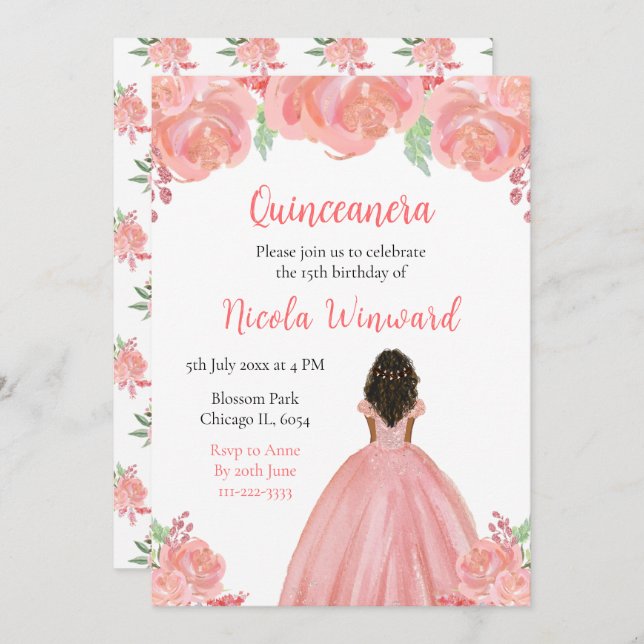 Convites Quinceanera Floral Rosa, Princesa Escura (Frente/Verso)