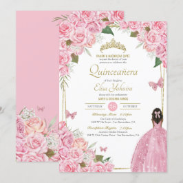Convites Quinceanera Floral Rosa Quince Gown Butterfly