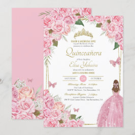 Convites Quinceanera Floral Rosa Quince Gown Butterfly