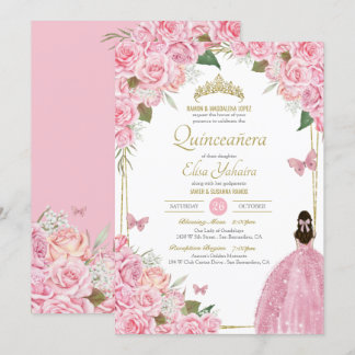 Convites Quinceanera Floral Rosa Quince Gown Butterfly