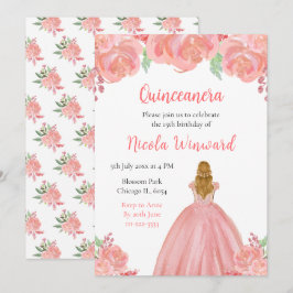 Convites Quinceânera Floral Rosa-Rosa, Princesa-Cabelo Lour