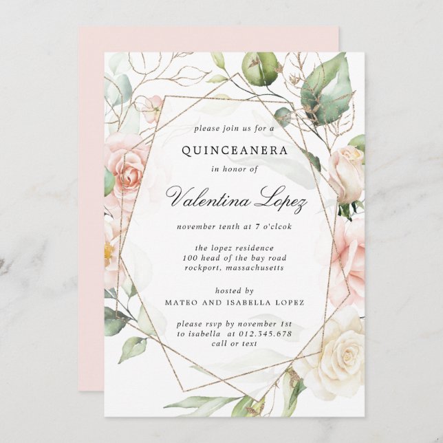 Convites Quinceanera Floral Rosa Rosa Rosa Elegante (Frente/Verso)
