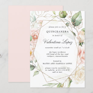 Convites Quinceanera Floral Rosa Rosa Rosa Elegante