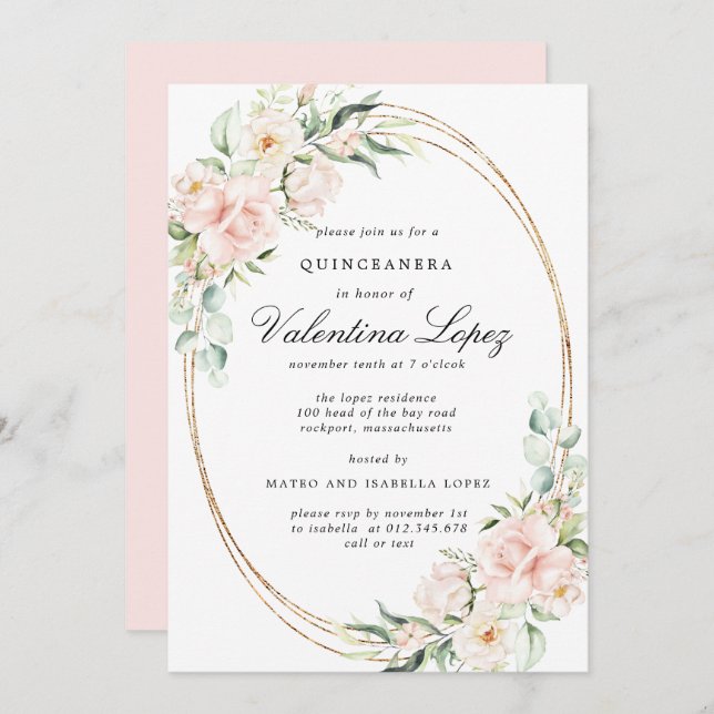 Convites Quinceanera Floral Rosa Rosa Rosa Elegante (Frente/Verso)