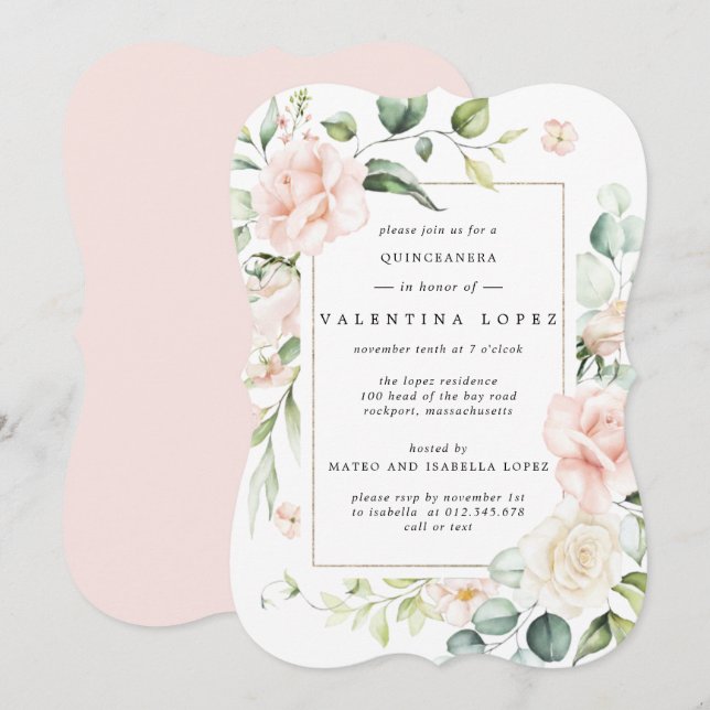 Convites Quinceanera Floral Rosa Rosa Rosa Elegante (Frente/Verso)
