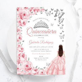 Convites Quinceanera Floral Rosa-Rosa Silver