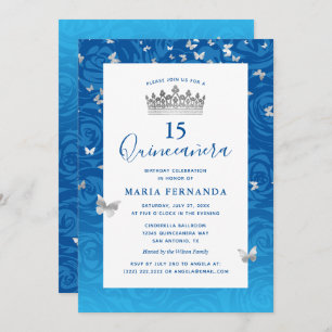 Convites Quinceanera Floral Rosa Silver Coroa Azul Elegante