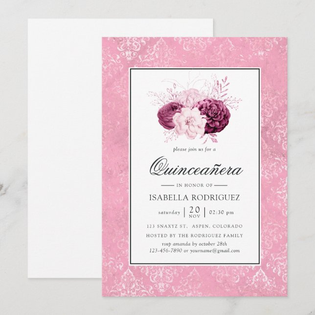 Convites Quinceañera Floral Rosa Vintage (Frente/Verso)