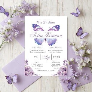 Convites Quinceañera Floral Roxa com Borboletas