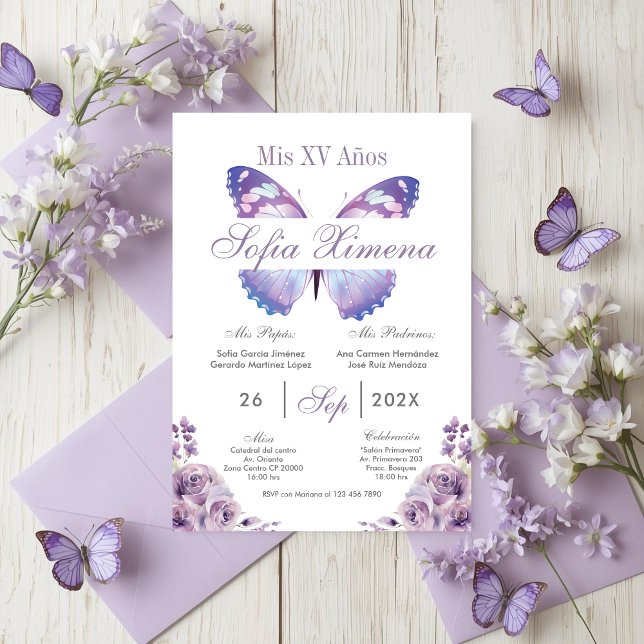 Convites Quinceañera Floral Roxa com Borboletas (Criador carregado)