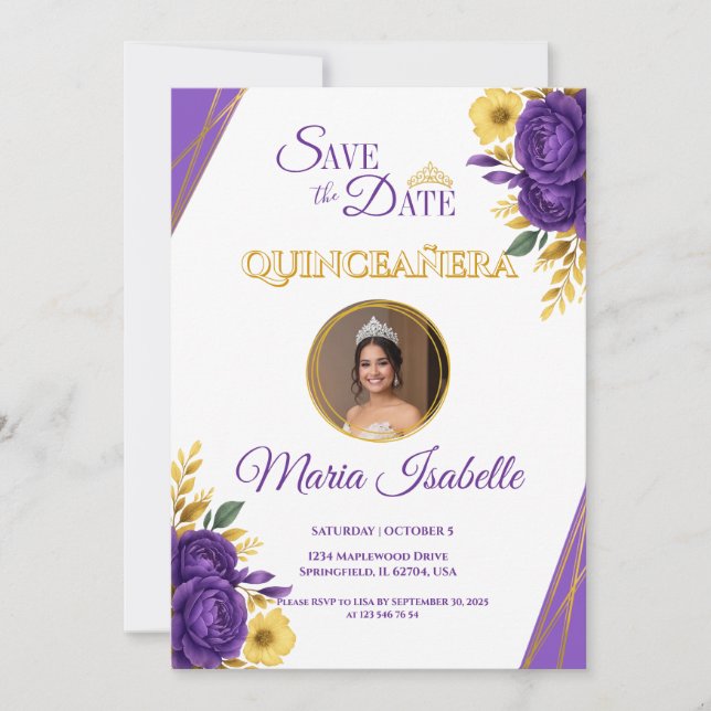 Convites Quinceañera Floral Roxa e Dourada Guarde a Data (Frente)