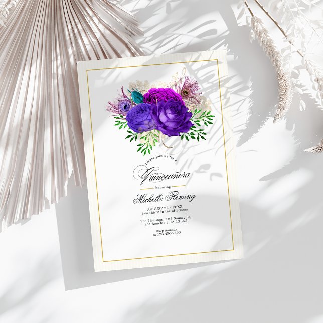 Convites Quinceañera Floral Roxa e Roxo de Carnaval (Mardi Gras Purple and Hot-Pink Floral Quinceañera Invitation)