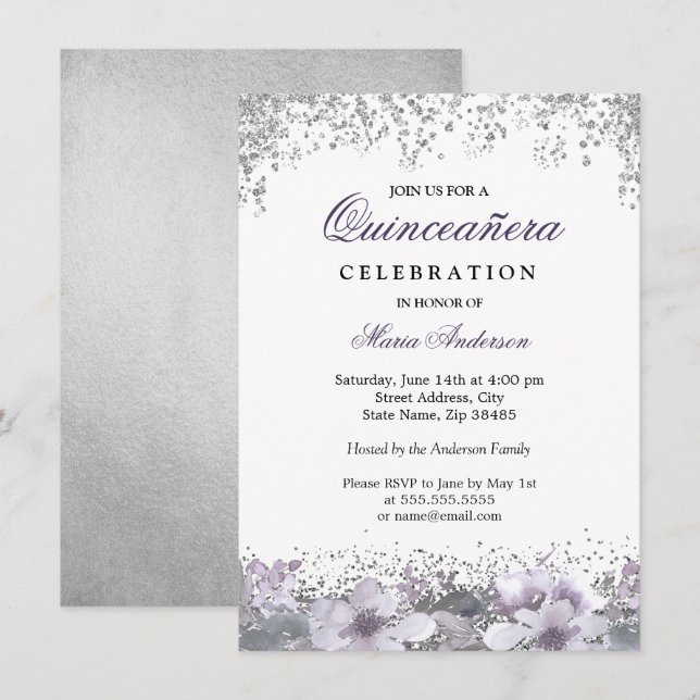Convites Quinceanera Floral Roxo De Silver Glitter (Frente/Verso)
