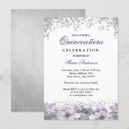 Convites Quinceanera Floral Roxo De Silver Glitter