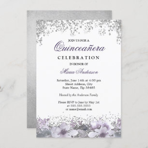 Convites Quinceanera Floral Roxo De Silver Glitter