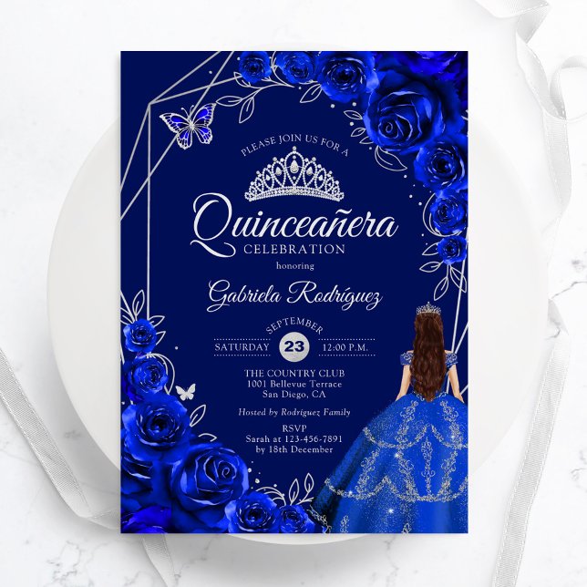 Convites Quinceanera Floral Royal Blue Silver Dress (Criador carregado)