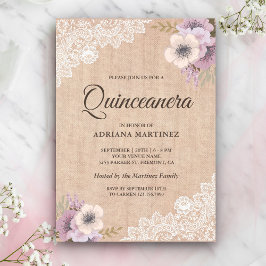 Convites Quinceanera Floral Russo Burlap Lace Rosa
