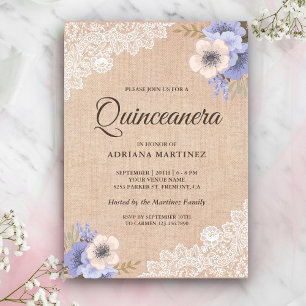 Convites Quinceanera Floral Rústica Burlap Lace Roxo