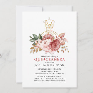 Convites Quinceanera Floral Rústico Vestido Dourado Falso 1