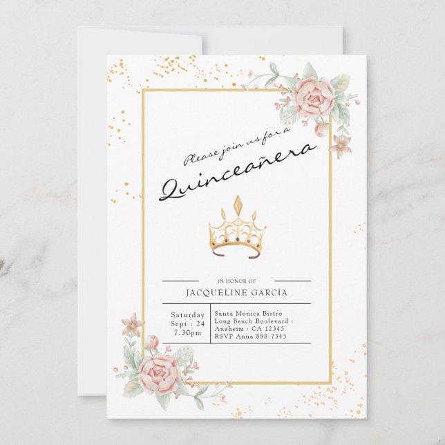 Convites Quinceañera Floral Script 15 Birthday (Frente)
