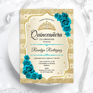 Convites Quinceanera Floral Teal Dourada