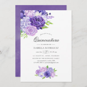 Convites Quinceañera Floral Ultra Violet Watercolor