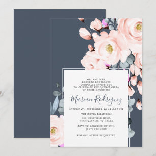 Convites Quinceañera Floral Única Blush & Marinho Watercolo