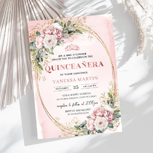 Convites Quinceañera Floral Verde Atemporal Rosa Desbotada 