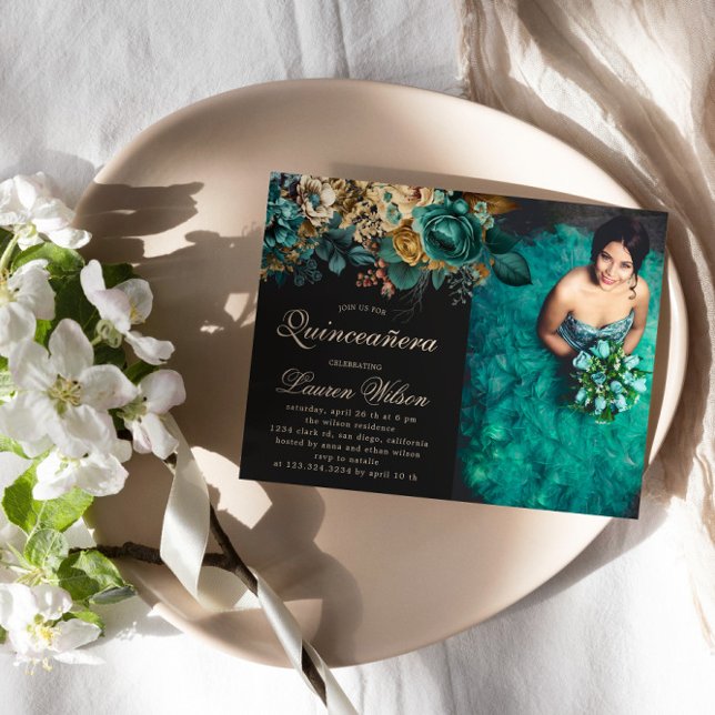 Convites Quinceanera Floral Verde Dourada com Aquarela (Criador carregado)