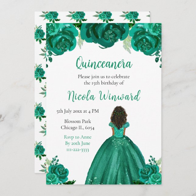 Convites Quinceanera Floral Verde Princesa da Pele Escura (Frente/Verso)