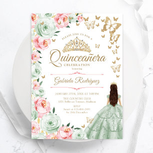 Convites Quinceanera Floral Verde Rosa