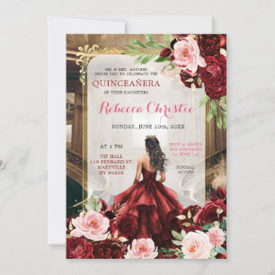 Convites Quinceañera Floral Vermelha Cor-de-Rosa Esbranquiç